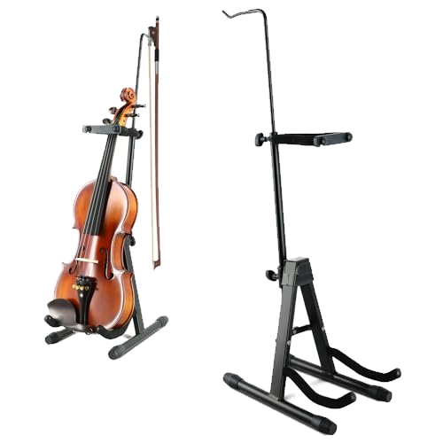 ROWELL Violin Stand Violin Stands with Bow Holder Foldable Portable Viola Stand Height Adjustable Violin Stand with Head Protection Lock &Anti-slip Foot Covers (Black)